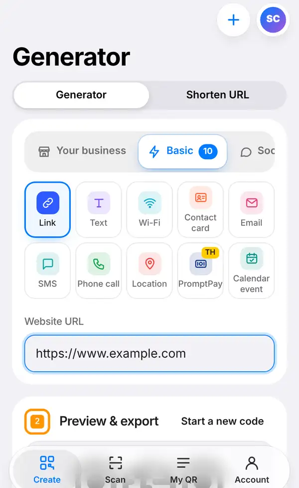 The Create screen with the Basic group open, Link selected and https://www.example.com typed in the Website URL box