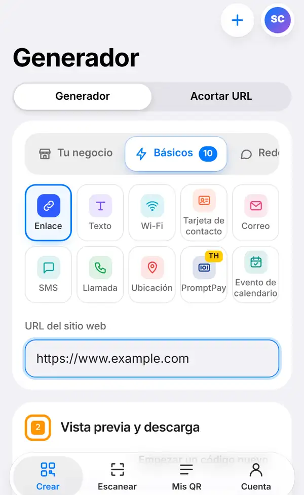 Pantalla del generador con el grupo Básicos abierto, el tipo Enlace elegido y https://www.example.com escrito en la casilla URL del sitio web