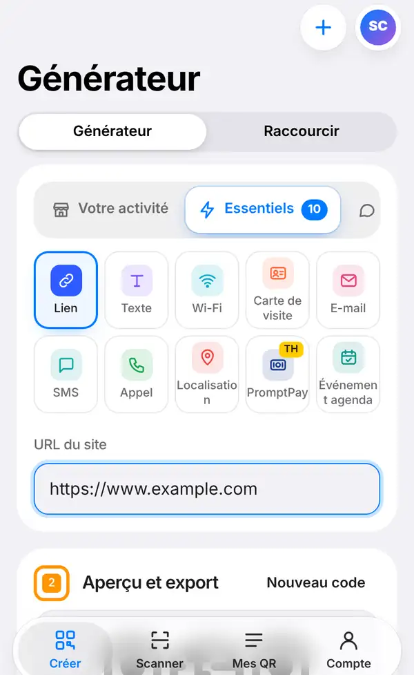 L'écran Créer avec le sélecteur Générateur / Raccourcir, la famille Essentiels ouverte, le type Lien choisi et https://www.example.com saisi dans le champ URL du site