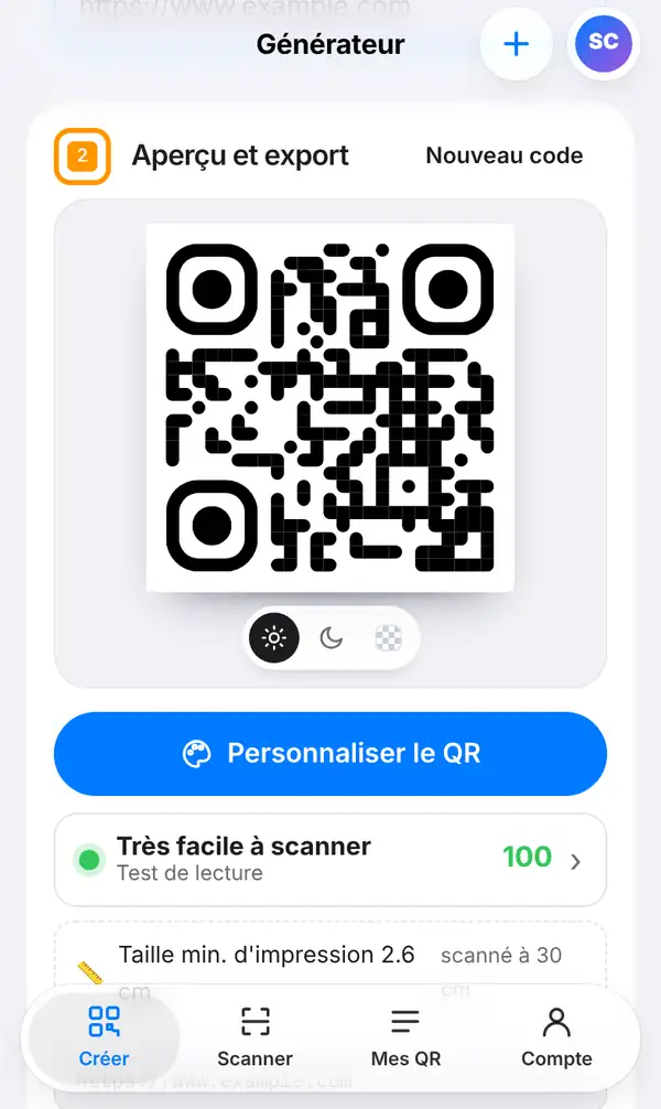 La partie Aperçu et export avec le QR code, le bouton Personnaliser le QR, un Test de lecture à 100 et la plus petite taille d'impression
