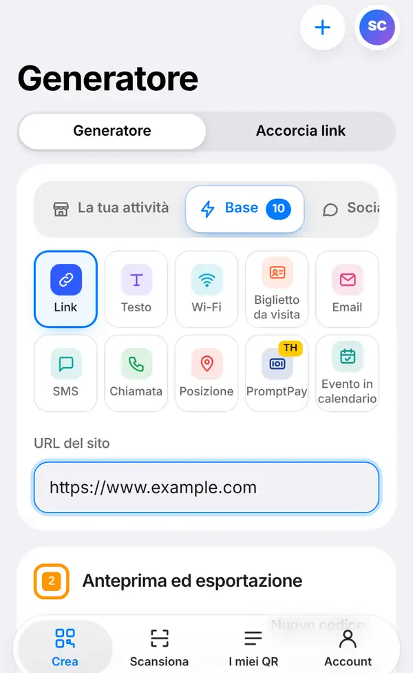 La schermata Crea con il selettore Generatore / Accorcia link, il gruppo Base aperto, il tipo Link scelto e https://www.example.com nel campo URL del sito
