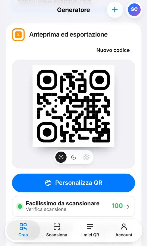 La sezione Anteprima ed esportazione con il QR code, il pulsante Personalizza QR, una Verifica scansione a 100 e la dimensione minima di stampa