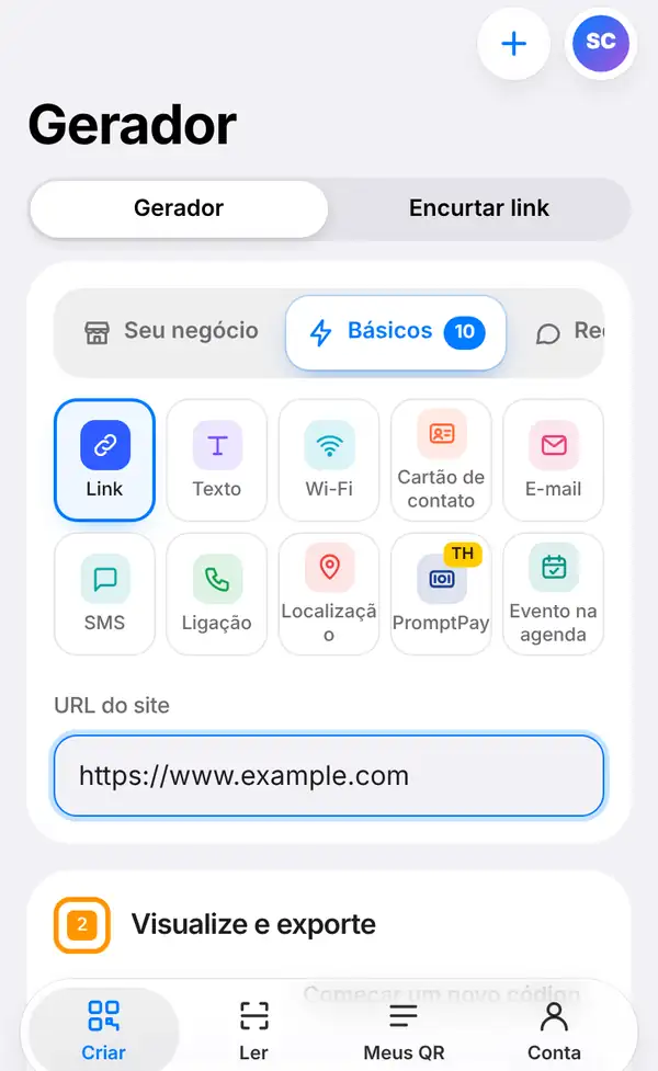 Tela do gerador com o grupo Básicos aberto, o tipo Link selecionado e https://www.example.com digitado no campo URL do site