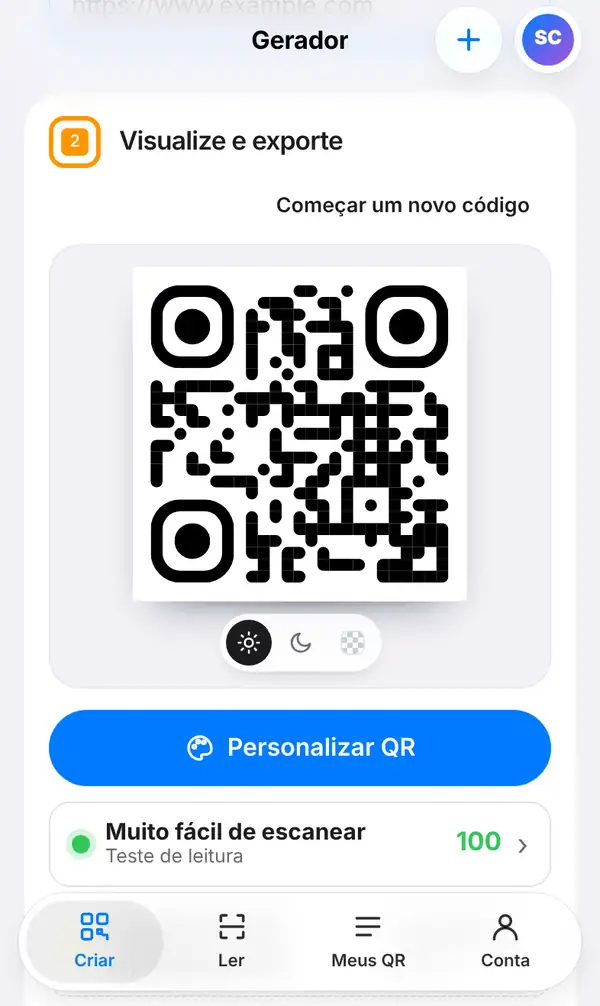 Seção Visualize e exporte com o QR Code, o botão Personalizar QR, o teste de leitura com nota 100 e o tamanho mínimo de impressão