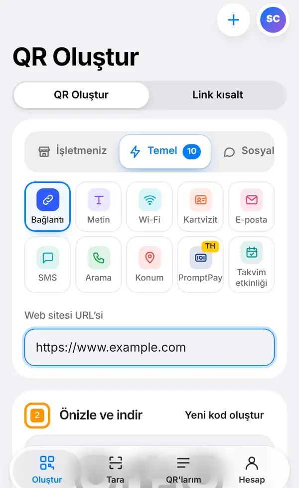Tür gruplarının, seçili Bağlantı türünün ve Web sitesi URL'si kutusuna yazılmış https://www.example.com adresinin göründüğü QR oluşturma ekranı