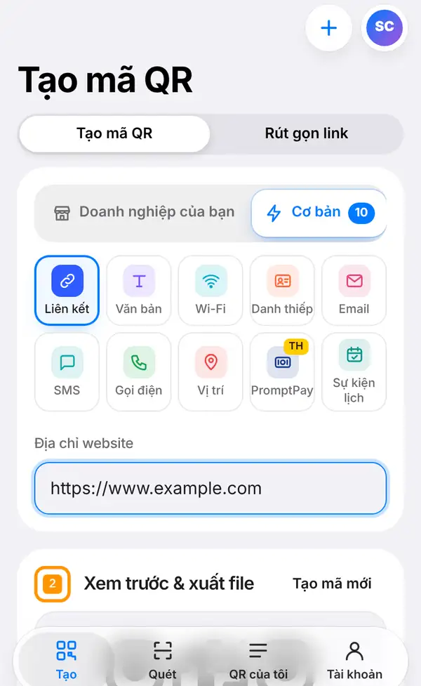 Màn hình Tạo mã QR với nhóm Cơ bản, ô Liên kết được chọn và https://www.example.com trong ô Địa chỉ website