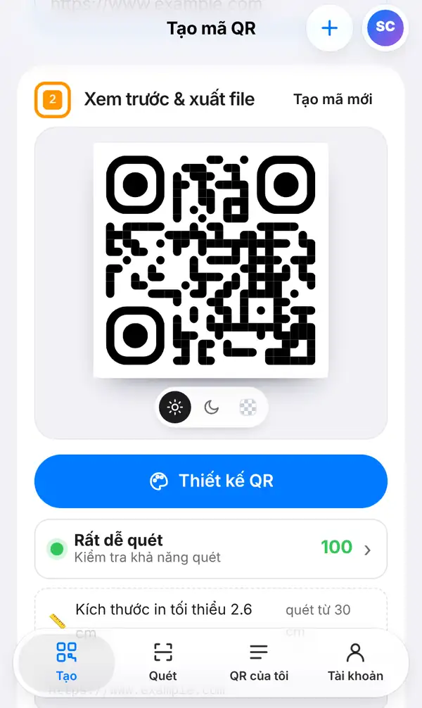 Phần Xem trước & xuất file với mã QR, nút Thiết kế QR, điểm Kiểm tra khả năng quét 100 và kích thước in tối thiểu