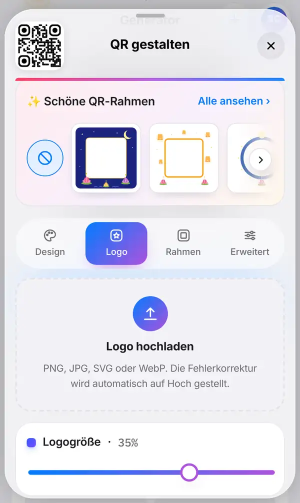 Der Design-Bereich mit dem ausgewählten Tab Logo, bereit zum Hochladen eines Logos