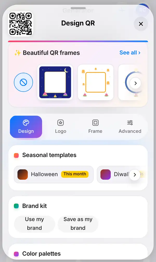 The Design QR panel open under the QR code, with festive frames at the top and the Design tab selected