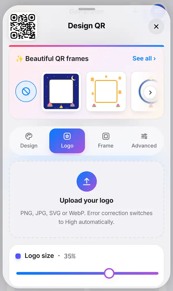 The Design QR panel with the Logo tab selected, ready for a logo to be uploaded