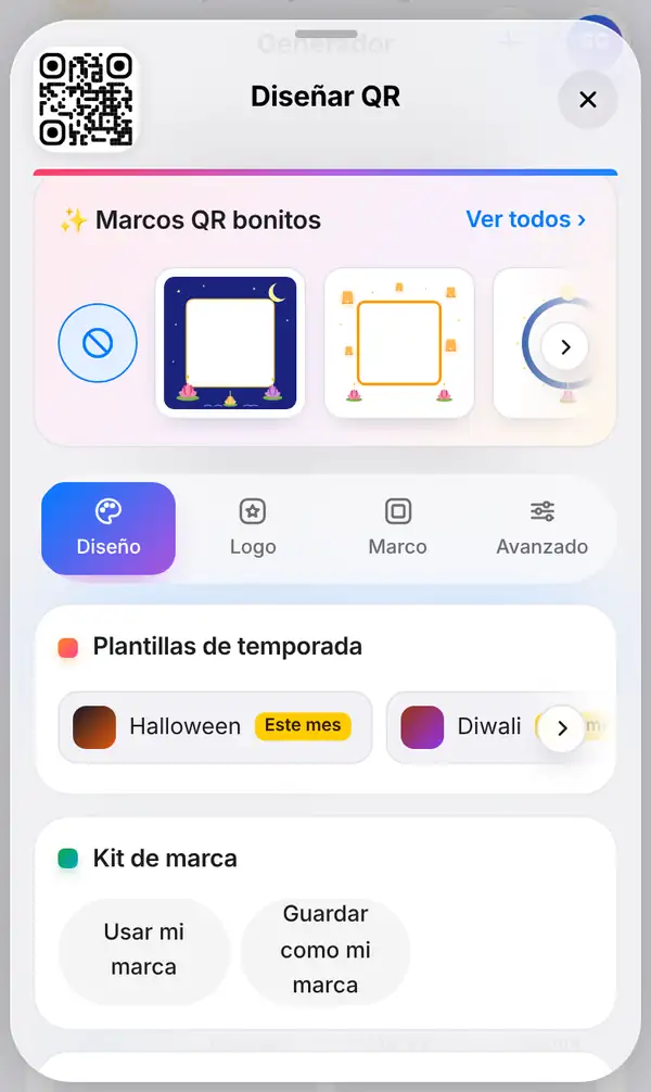 Panel Diseñar QR abierto bajo el código, con marcos festivos arriba y la pestaña Diseño seleccionada
