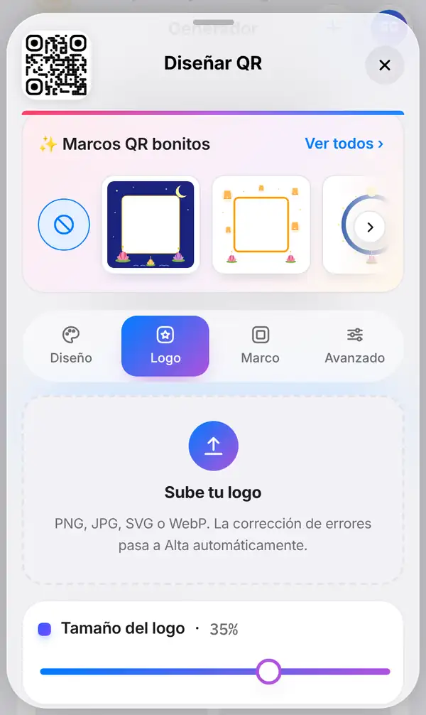 Panel Diseñar QR con la pestaña Logo seleccionada, el botón Sube tu logo y el control Tamaño del logo