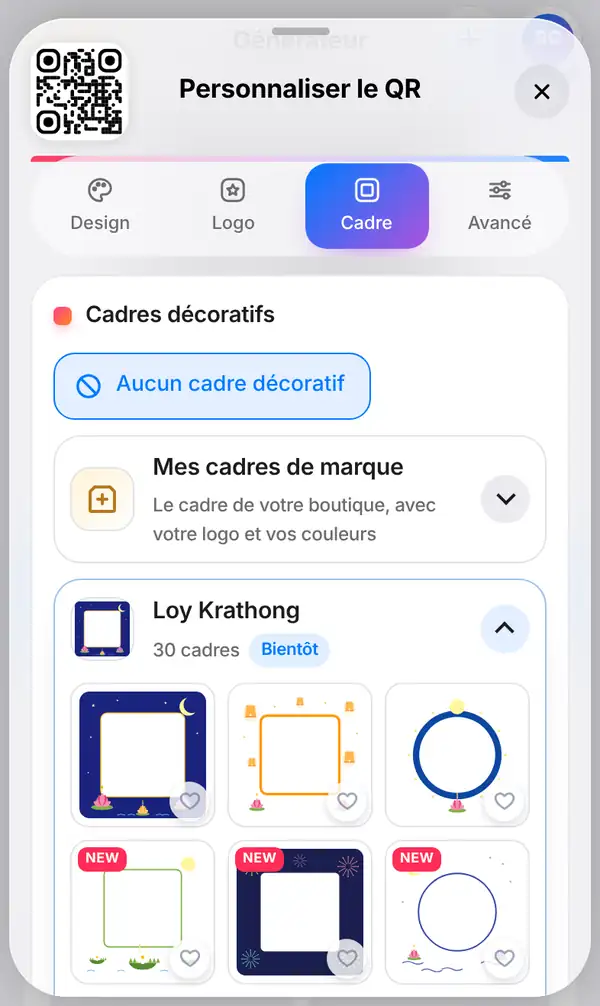 L'onglet Cadre avec Aucun cadre décoratif sélectionné et l'option Mes cadres de marque en dessous