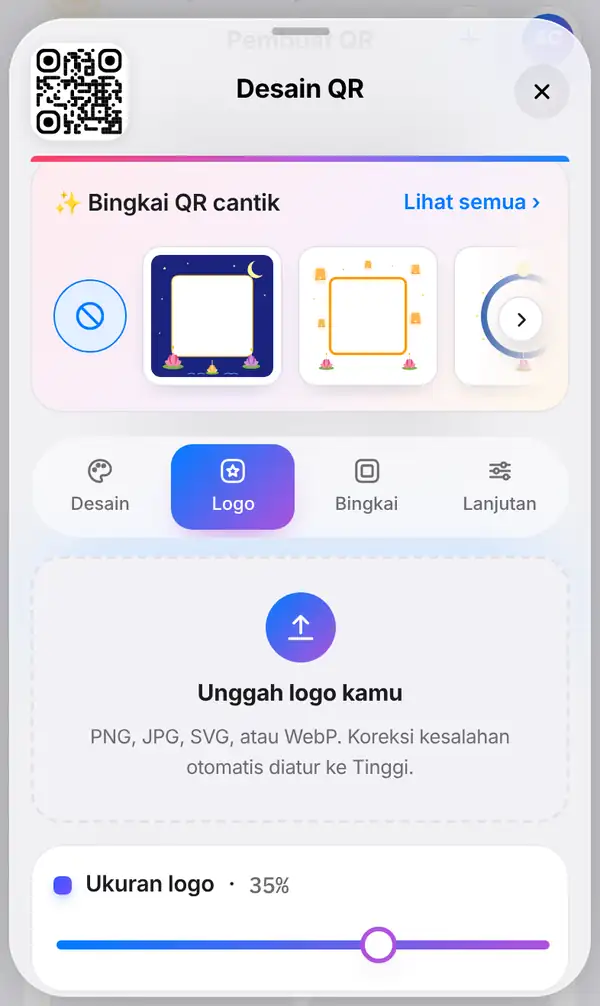 Panel Desain QR dengan tab Logo terpilih, siap untuk mengunggah logo