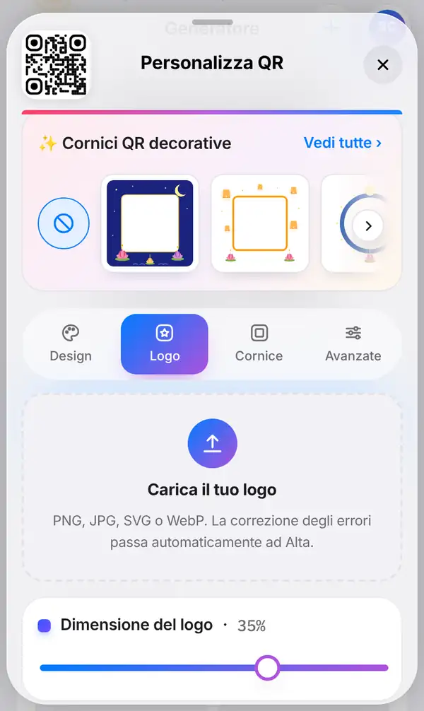 Il pannello Personalizza QR con la scheda Logo selezionata, pronta per caricare un logo