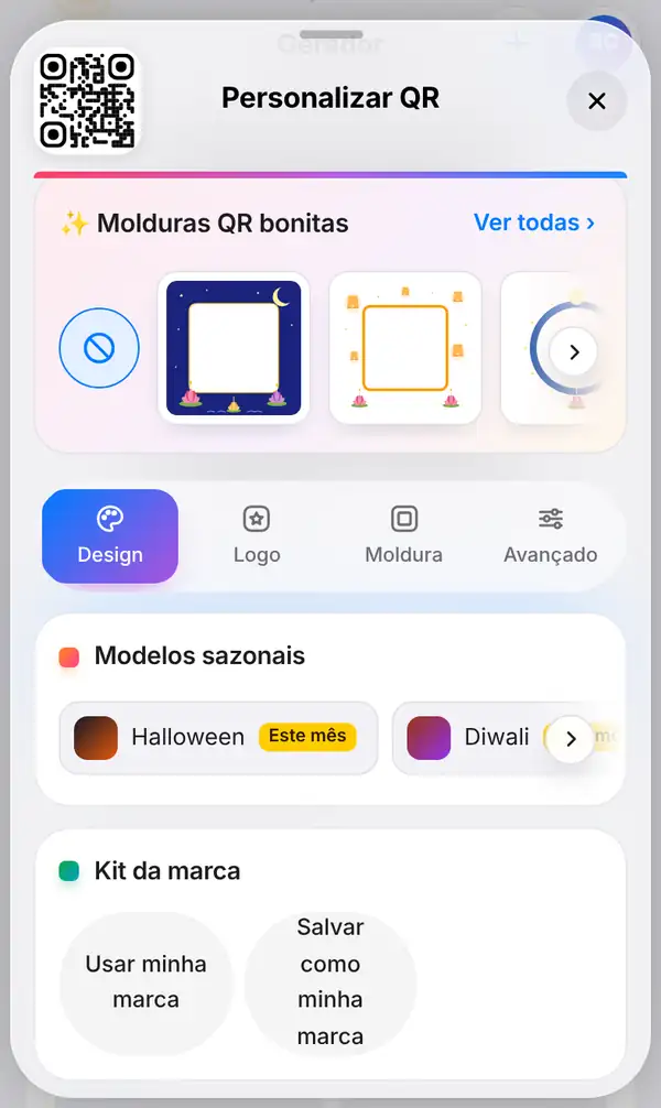 Painel Personalizar QR aberto embaixo do código, com as molduras festivas no topo e a aba Design selecionada