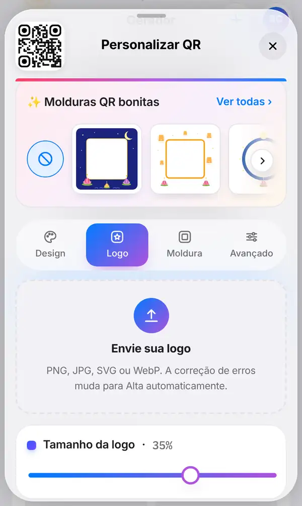 Painel Personalizar QR com a aba Logo selecionada, o botão Envie sua logo e o controle Tamanho da logo