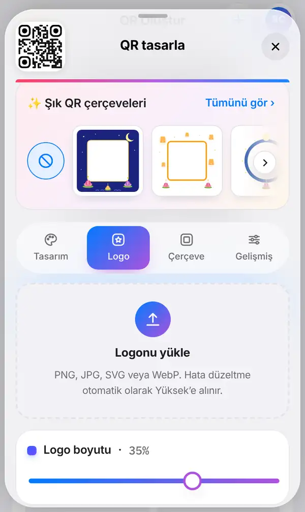 Logo sekmesi seçili, logo yüklemeye hazır tasarım paneli