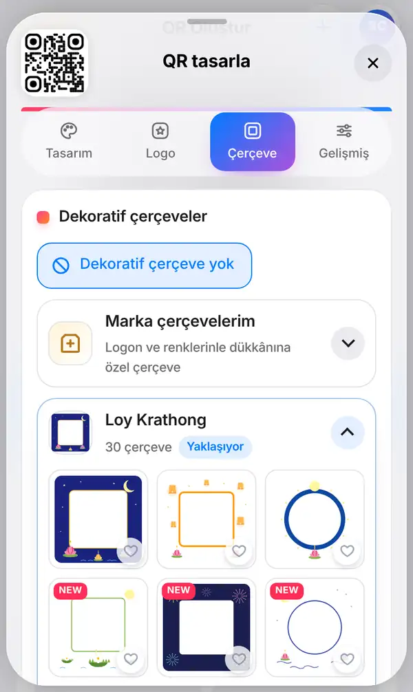 Dekoratif çerçeve yok seçeneğinin seçili olduğu ve altında Marka çerçevelerim seçeneğinin bulunduğu Çerçeve sekmesi