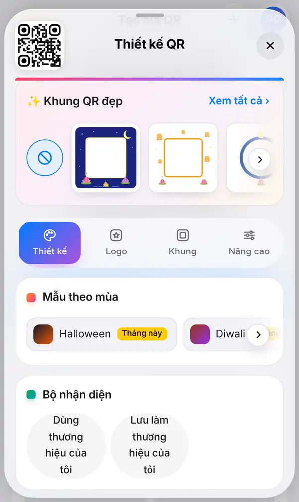 Bảng Thiết kế QR mở dưới mã QR, với Khung QR đẹp ở trên, thẻ Thiết kế được chọn và phần Mẫu theo mùa