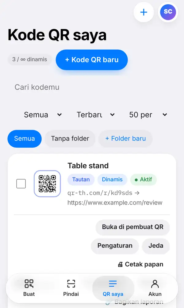 Daftar Kode QR saya dengan kode Table stand: link pendek qr-th.com/r/, label Tautan, Dinamis dan Aktif, serta tombol Buka di pembuat QR, Pengaturan, Jeda dan Cetak papan