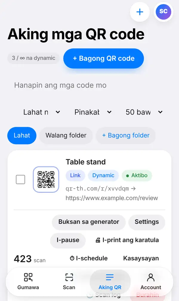 Ang listahan ng Aking mga QR code na may code na Table stand, short link na qr-th.com/r/…, mga label na Link, Dynamic at Aktibo, mga button na Buksan sa generator, Settings, I-pause, I-print ang karatula, I-schedule at Kasaysayan, at 423 scan