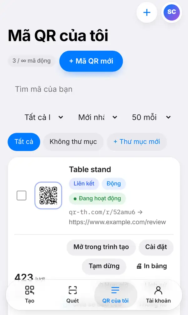Danh sách Mã QR của tôi với mã Table stand, link rút gọn, nhãn Liên kết, Động, Đang hoạt động, các nút Mở trong trình tạo, Cài đặt, Tạm dừng, In bảng và 423 lượt quét