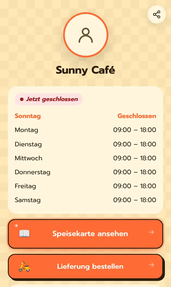 Die öffentliche Bio-Seite von Sunny Café auf Deutsch mit dem Hinweis Jetzt geschlossen, Öffnungszeiten von Sonntag (geschlossen) bis Samstag 09:00–18:00 und den Knöpfen Speisekarte ansehen und Lieferung bestellen