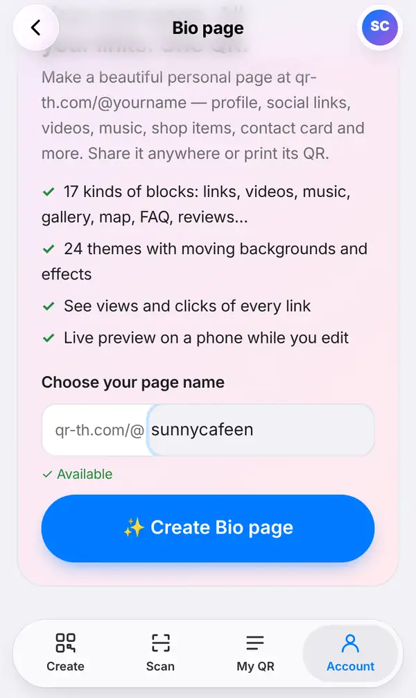 The Bio page start screen opened from the Account tab, with sunnycafeen typed after qr-th.com/@ under Choose your page name, an Available note and the Create Bio page button