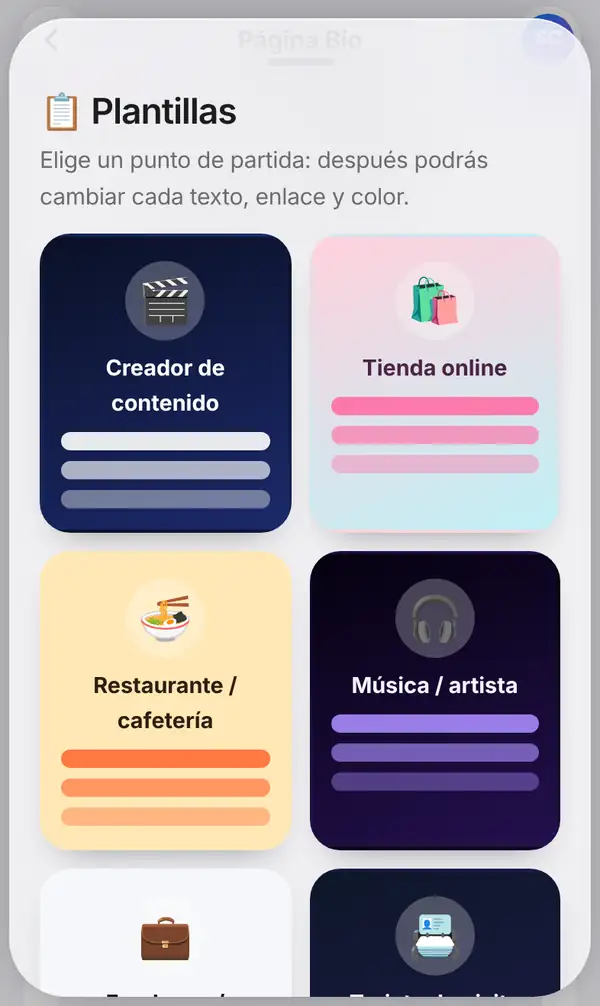 Panel de plantillas con tarjetas para creador de contenido, tienda online, restaurante o cafetería, música, freelance o portafolio y tarjeta de visita