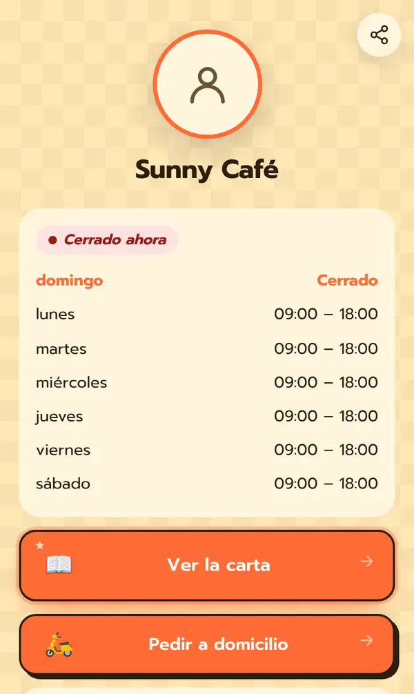 Página Bio pública de Sunny Café en español con la etiqueta Cerrado ahora, el horario cerrado el domingo y de 09:00 a 18:00 de lunes a sábado, los botones Ver la carta y Pedir a domicilio y el botón de compartir