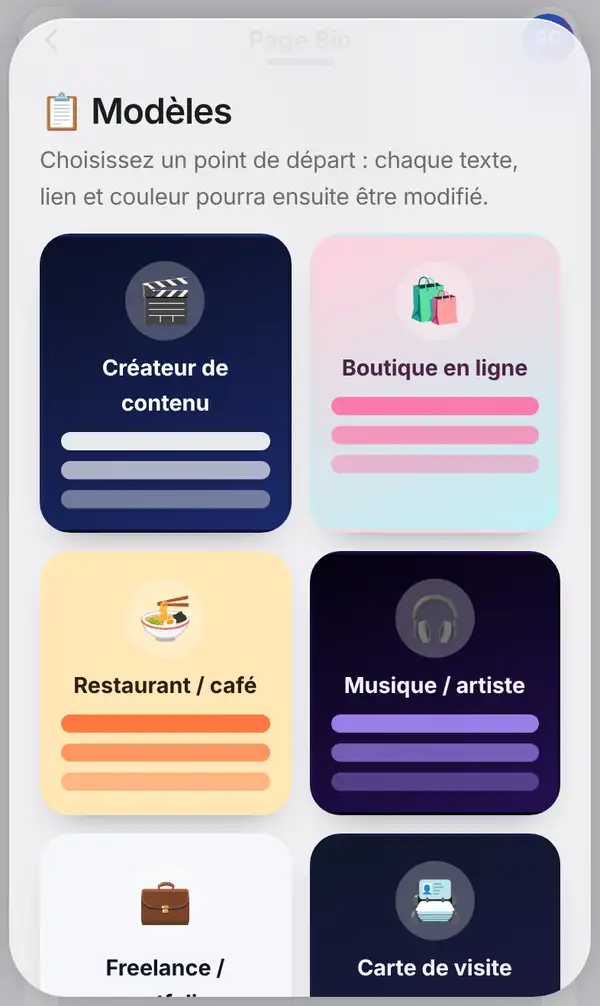 Le panneau Modèles avec les cartes Créateur de contenu, Boutique en ligne, Restaurant / café, Musique / artiste, Freelance et Carte de visite