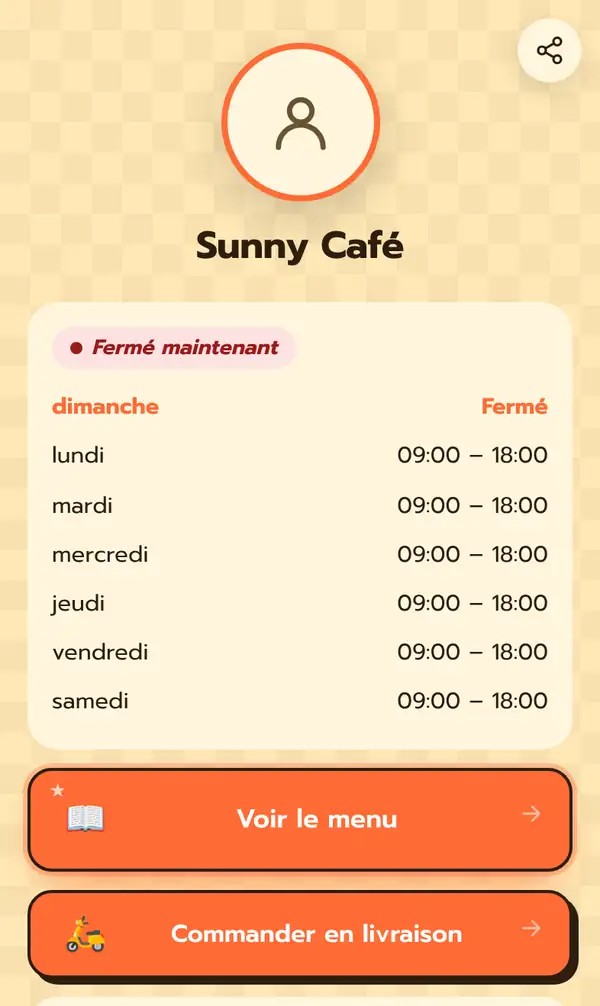 La page Bio publique du Sunny Café en français, avec le badge Fermé maintenant, les horaires du dimanche au samedi et les boutons Voir le menu et Commander en livraison