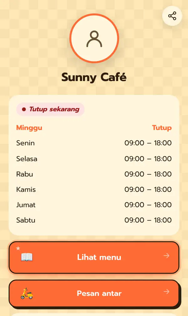 Halaman Bio publik Sunny Café dalam bahasa Indonesia: tanda Tutup sekarang, jam buka Minggu tutup dan Senin–Sabtu 09:00–18:00, tombol Lihat menu dan Pesan antar