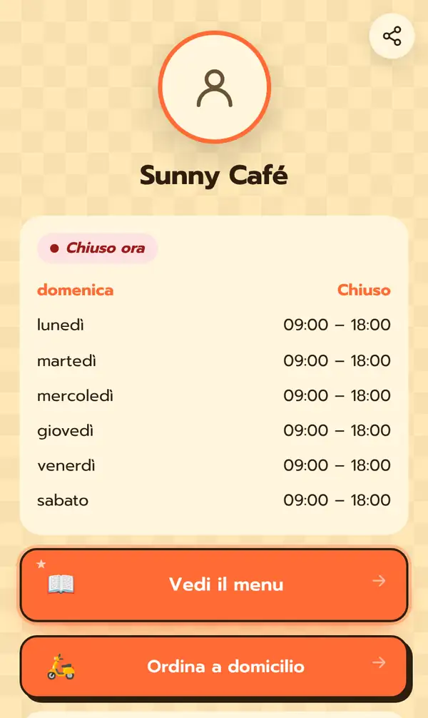 La Pagina Bio pubblica di Sunny Café con l'etichetta Chiuso ora, domenica chiuso, da lunedì a sabato 09:00–18:00 e i pulsanti Vedi il menu e Ordina a domicilio
