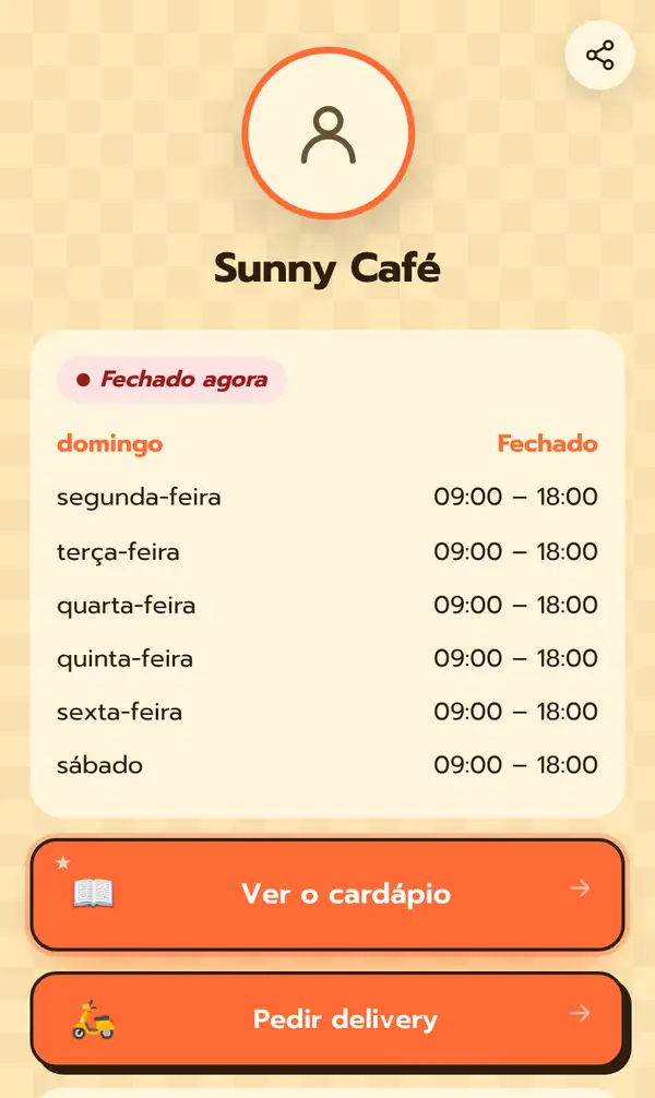 Página Bio pública do Sunny Café em português, com o selo Fechado agora, o horário de domingo a sábado e os botões Ver o cardápio e Pedir delivery