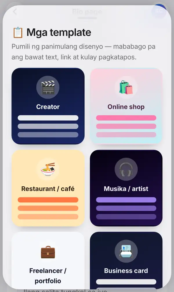 Ang Mga template panel na may mga card na Creator, Online shop, Restaurant / café, Musika / artist, Freelancer / portfolio at Business card