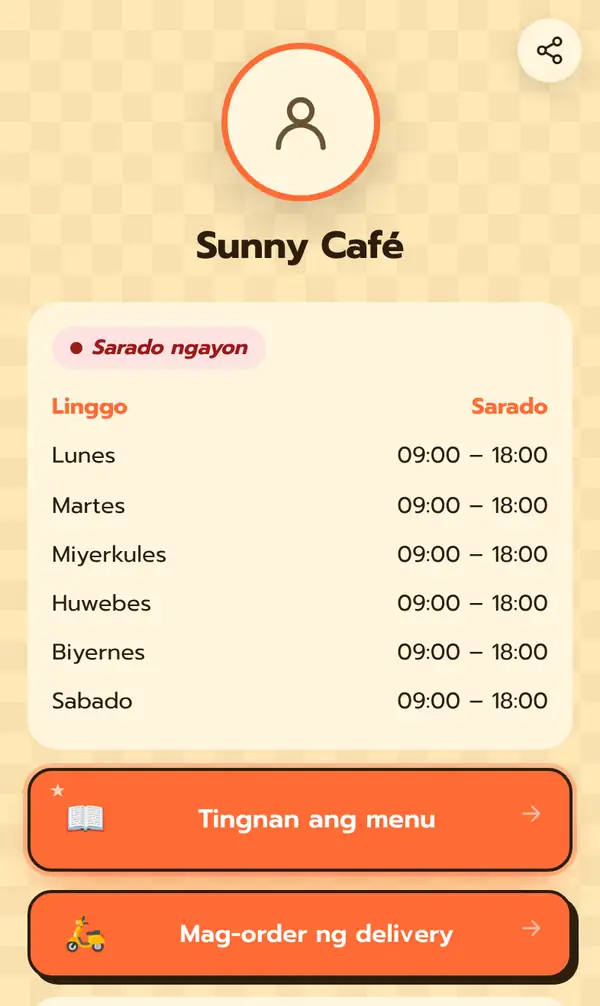 Ang public Bio page ng Sunny Café na may Sarado ngayon, Linggo sarado, Lunes hanggang Sabado 09:00–18:00, at mga button na Tingnan ang menu at Mag-order ng delivery