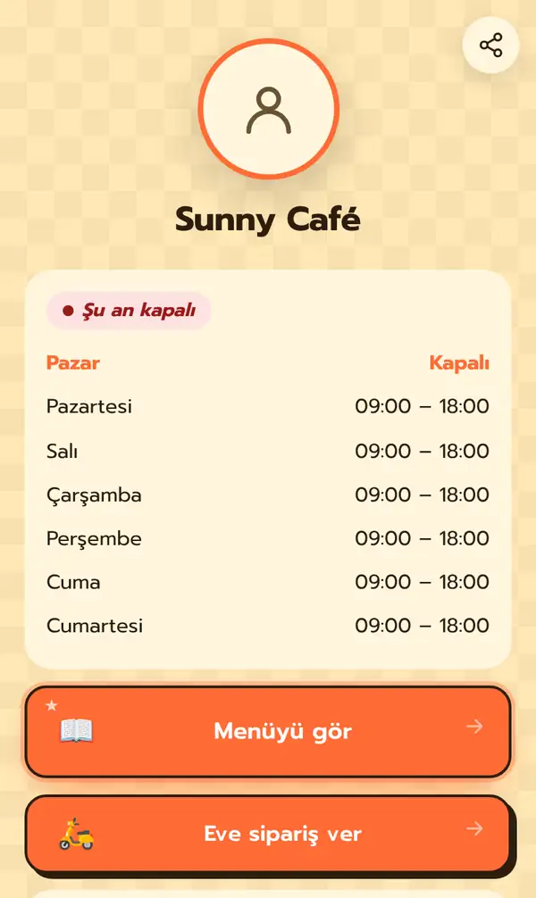 Şu an kapalı etiketi, Pazar kapalı ve Pazartesi–Cumartesi 09:00–18:00 çalışma saatleri ile Menüyü gör ve Eve sipariş ver düğmelerinin bulunduğu Sunny Café herkese açık Bio sayfası