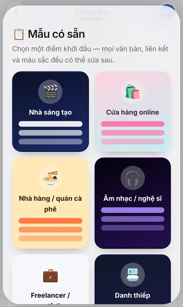 Bảng Mẫu có sẵn với các thẻ Nhà sáng tạo, Cửa hàng online, Nhà hàng / quán cà phê, Âm nhạc / nghệ sĩ, Freelancer và Danh thiếp