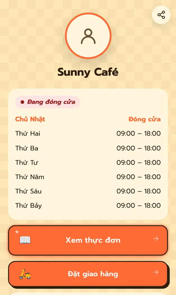 Trang Bio công khai của Sunny Café bằng tiếng Việt với nhãn Đang đóng cửa, giờ mở cửa Chủ Nhật đóng cửa và Thứ Hai đến Thứ Bảy 09:00–18:00, các nút Xem thực đơn và Đặt giao hàng