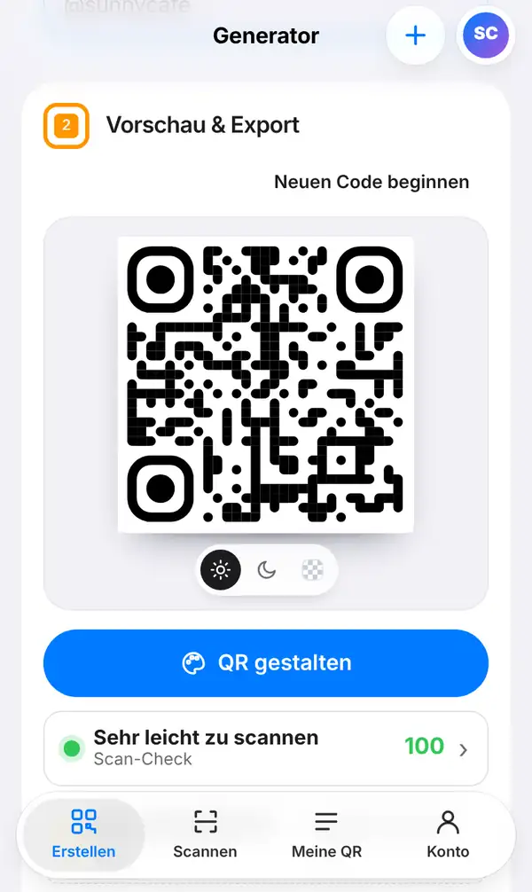 Der Bereich Vorschau & Export mit dem LINE-QR-Code, dem Knopf QR gestalten, einem Scan-Check von 100 und der kleinsten Druckgröße