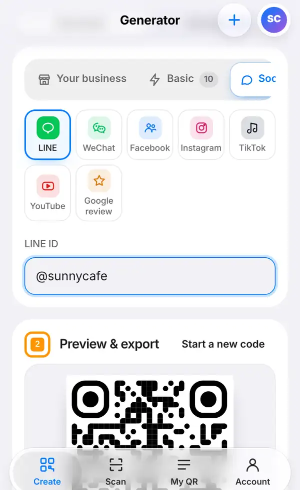 The Social & reviews group with LINE selected next to WeChat, Facebook, Instagram, TikTok, YouTube and Google review, and the LINE ID box