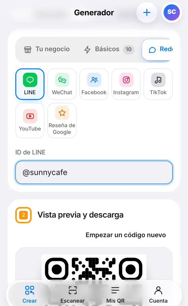 Grupo Redes y reseñas con LINE seleccionado junto a WeChat, Facebook, Instagram, TikTok, YouTube y Reseña de Google, y la casilla ID de LINE