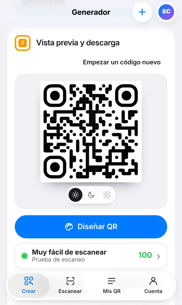 Sección Vista previa y descarga con el código QR de LINE, el botón Diseñar QR, la prueba de escaneo con 100 puntos y el tamaño mínimo de impresión