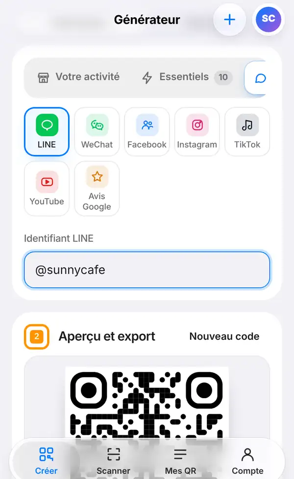 La famille Réseaux et avis avec LINE sélectionné à côté de WeChat, Facebook, Instagram, TikTok, YouTube et Avis Google, et le champ Identifiant LINE