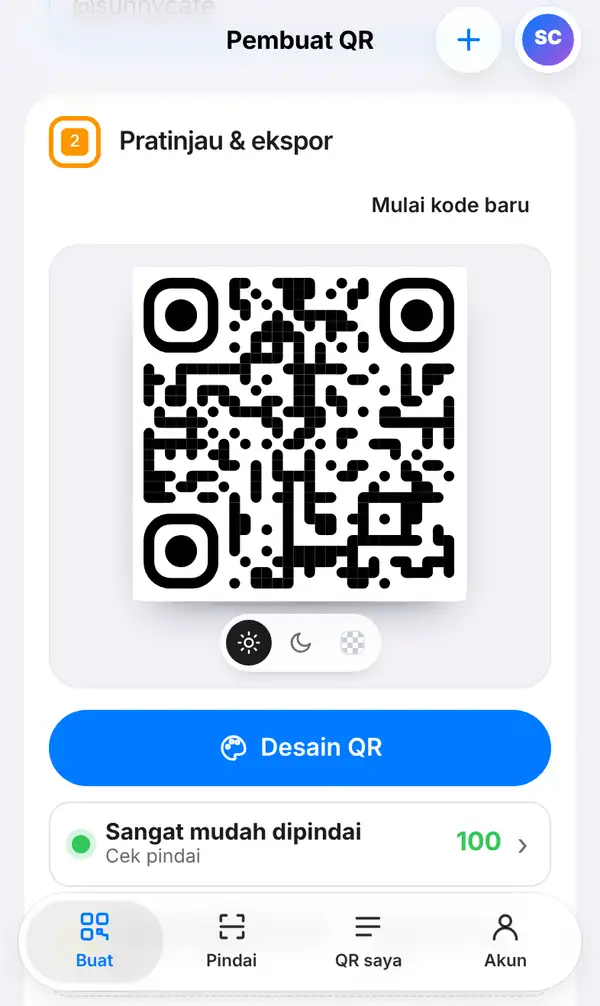 Pratinjau QR code LINE untuk @sunnycafe dengan tombol Desain QR dan Cek pindai 100