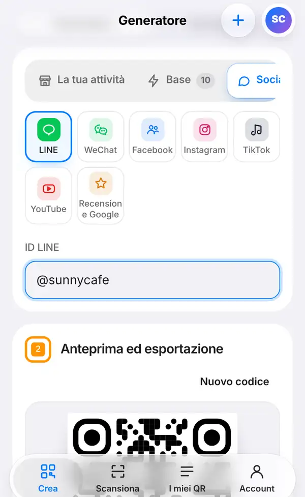 Il gruppo Social e recensioni con LINE selezionato accanto a WeChat, Facebook, Instagram, TikTok, YouTube e Recensione Google, e il campo ID LINE