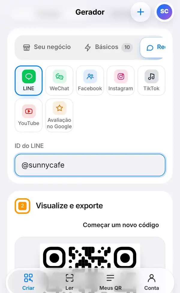 Grupo Redes e avaliações com o LINE selecionado ao lado de WeChat, Facebook, Instagram, TikTok, YouTube e Avaliação no Google, e o campo ID do LINE