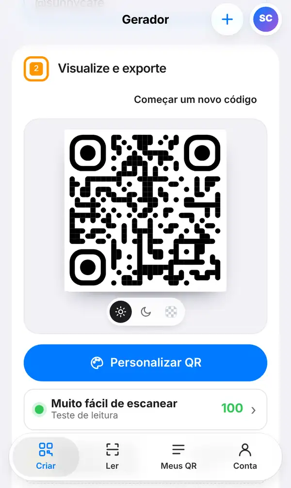 Seção Visualize e exporte com o QR Code do LINE, o botão Personalizar QR, o teste de leitura com nota 100 e o tamanho mínimo de impressão